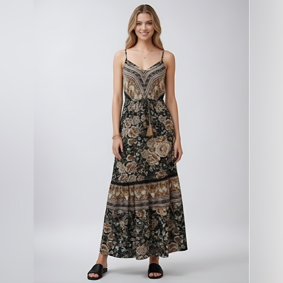 Boho Floral Print Drawstring Waist Fringed Ruffle Hem Cami Dress - Picture 1 of 11